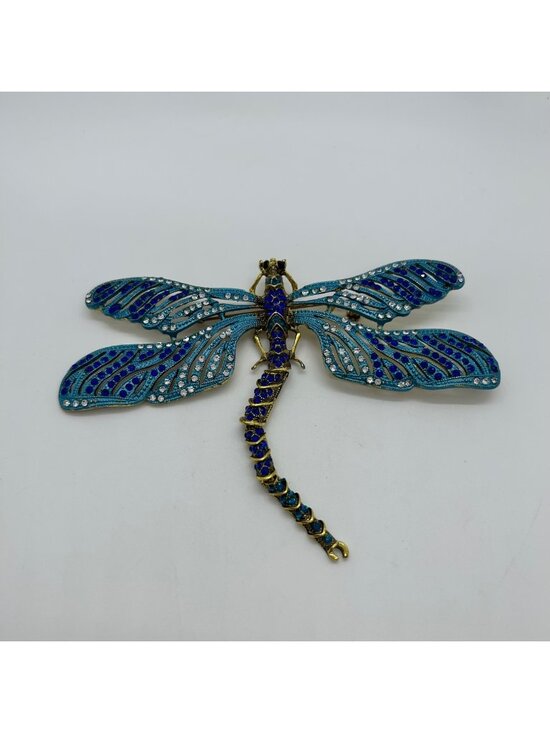 Estate Jewelry - Dragonfly Brooch Articulated Tail Blue Teal Rhinestones Statement 5 inch Insect